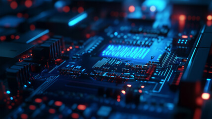 Fototapeta premium 青い光が点滅する回路基板と静寂のサーバールーム