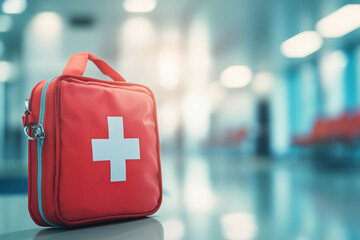 A first aid kit on a table with a blurred hospital background. A white cross symbol in a red bag for emergency care, a medical and health concept.