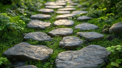 Naklejka premium Stone path in lush garden at sunset.