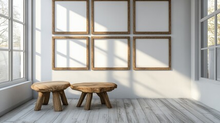 Minimalist interior design with empty frames and wooden furniture