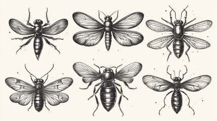 Vintage Insect Illustrations of Bees, Moths, and Flies