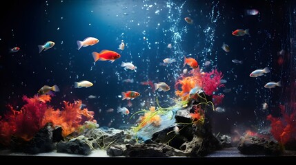 Brightly lit aquarium with sparkling water and a captivating school of fast moving colorful tropical fish swimming in a peaceful underwater habitat