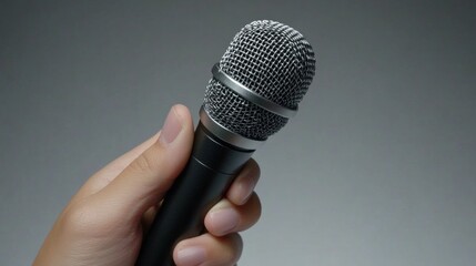 Hand Holding Microphone on Neutral Background for Broadcasting Use