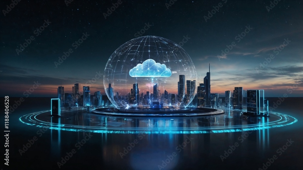 Wall mural digital informational technology web futuristic hologram with cloud, generative ai