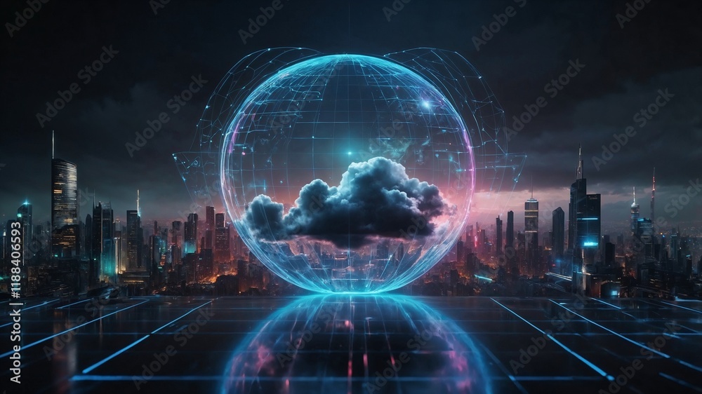 Wall mural digital informational technology web futuristic hologram with cloud, generative ai