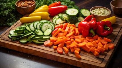 Rustic wooden chopping board displaying an assortment of freshly sliced bell peppers cucumbers and carrots   a healthy natural food scene for cooking meal planning or recipe