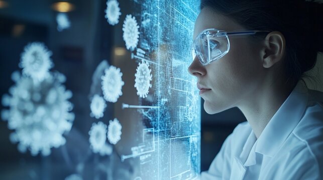 Focused Scientist Examining Data on Digital Interface with Viruses
