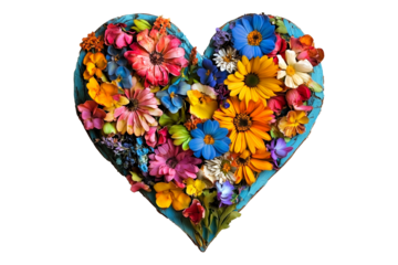 Heart shaped arrangement of various vibrant flowers in warm and cool tones, isolated on white transparent background. Concept of love and beauty