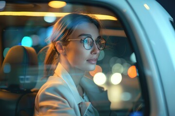 Elegant businesswoman in white in taxi  business travel concept.