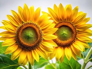 Naklejka premium Vibrant yellow sunflower macro, lush green leaves contrast sharply against a clean white background.