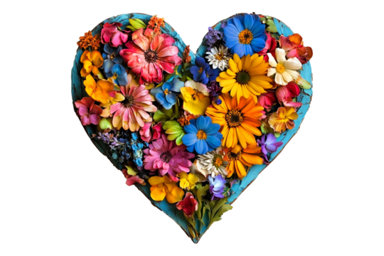 Heart shaped arrangement of various vibrant flowers in warm and cool tones, isolated on white transparent background. Concept of love and beauty