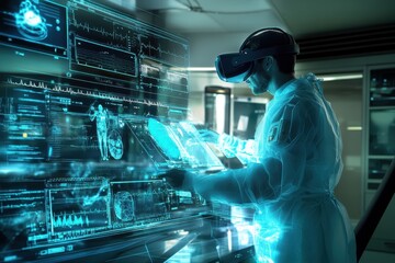 Virtual reality technology enhances medical research in a futuristic lab environment