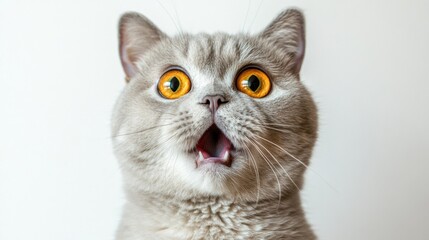 Surprised Cat with Big Eyes and Expressive Face on Neutral Background