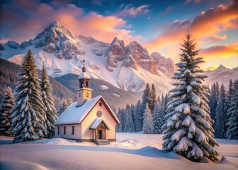 Fototapeta premium Vintage winter chapel: snow blankets the alpine church, nestled amongst majestic pines and mountains.