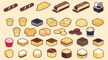 variety of illustrated baked goods, including bread, pastries, and desserts