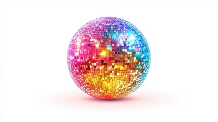 Colorful Disco Ball with Sparkling Light Reflection on White Background