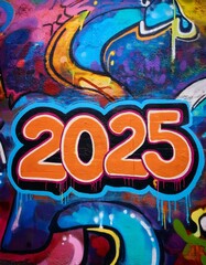 Obraz premium カラフルなストリートアートに囲まれた、グランジ風の都市の壁に描かれたグラフィティスタイルの「2025」