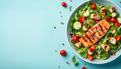 Grilled salmon fish fillet and fresh vegetable salad. Healthy keto food - green salad and roasted salmon on blue background, copy space. Barbecue meal