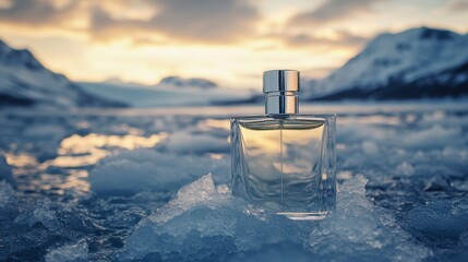 Fragrance of the Arctic: Perfume Bottle on Glacial Ice with Mountain Sunset Background