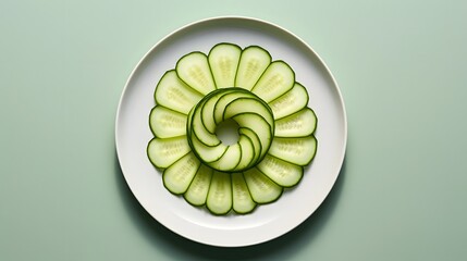 Closeup of a single cucumber slice arranged in a manner on a plain white plate  This simple clean setup showcases the natural beauty and freshness of this healthy vegetable ideal for culinary recipe