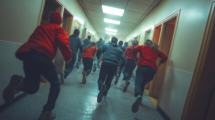 People rush through corridor during emergency drill. Evacuation practice in building. Safety protocols in action. Rapid response to simulated emergency. Indoor scene. Focus on preparedness, quick
