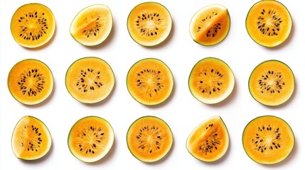 Vibrant Yellow Watermelon Slices Displayed on White Background