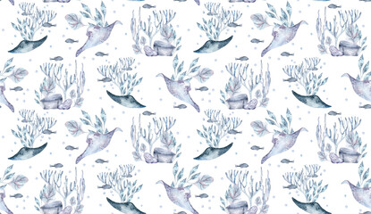 Watercolor seamless pattern with underwater creatures and sea plants isolated. Soft blue monochrome marine life elements ray fish, seaweeds hand drawn. Sea world on botanical texture and ray fish.