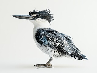 Pied Kingfisher profile, perched, white background, nature.