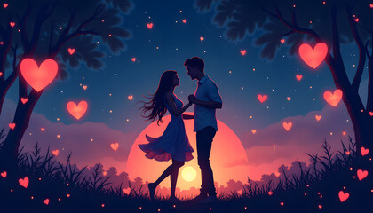 Obraz premium Vector art with a couple dancing under the stars surrounded by glowing hearts.