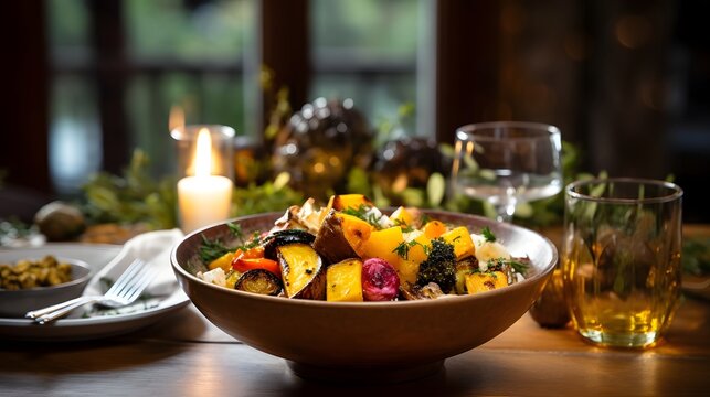 Cozy and inviting rustic dinner table setting with a bowl of freshly roasted seasonal vegetables  Warm and hearty autumn or harvest themed home cooked meal in a farmhouse style kitchen or dining room
