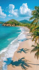 Tropical beach with palm trees, turquoise water, and hills in background.