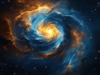 Abstract swirling nebula displays vibrant blue, gold hues. Spiral galactic clouds fill cosmos. Cosmic light dances within nebula. Mesmerizing celestial spectacle. Astronomical elements fill dark