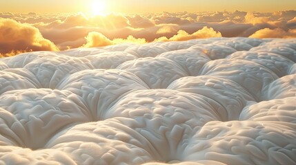 A surreal landscape of fluffy clouds illuminated by a warm sunrise.
