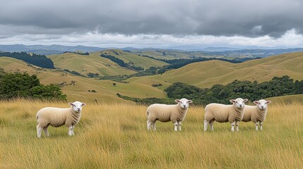 Obraz premium Four Sheep Grazing in Lush Green Hills Under Cloudy Sky