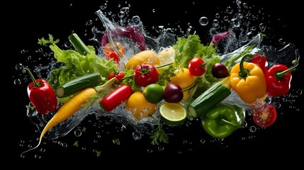 Crisp fresh vegetables dramatically tossed and suspended in the air with a dynamic splash of water creating an energetic culinary inspired scene full of movement and life