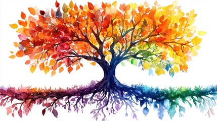 Naklejka premium Colorful Tree with Vibrant Leaves and Roots in Watercolor Style