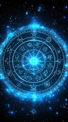 A glowing astrological wheel featuring zodiac symbols, representing celestial influences and cosmic energy.