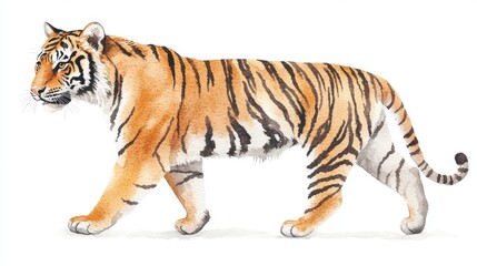 Obraz premium Majestic Tiger Walking in Watercolor Style on White Background