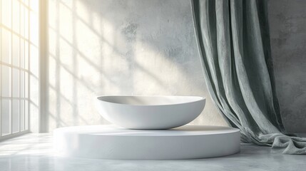 Sunlit minimalist interior with a white bowl on a pedestal.