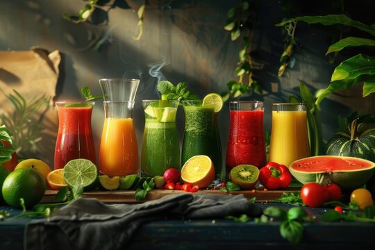 Ultra Quality Image of Glasses with Fresh Organic Vegetable and Fruit Juices