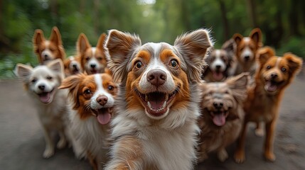 A joyful group of Australian Shepherd dogs posing happily in a forest setting.