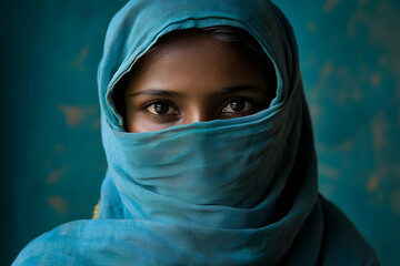 Naklejka premium Young Indian woman in sari posing against blue village background in portrait style