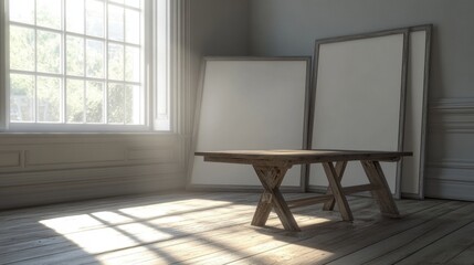 Natural Light Reflection in Minimalist Interior with Wooden Table