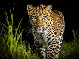 Obraz premium Stealthy Leopard in Tall Grass - Night Wildlife Photography