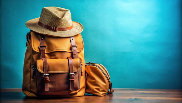 Stylish Travel Backpack & Hat on Vibrant Blue Background - Adventure Gear