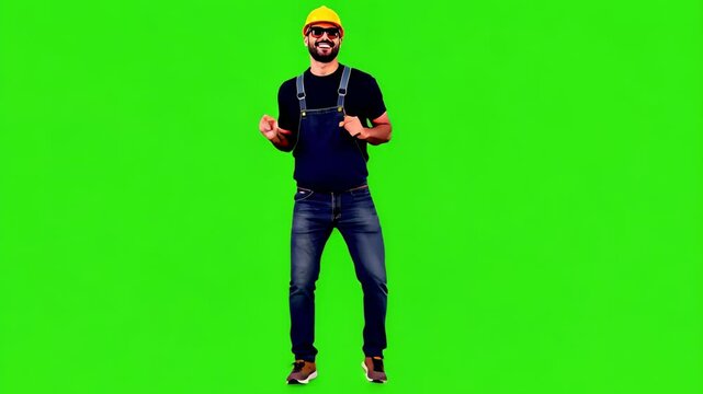 Happy Worker on Green Screen: A joyful construction worker, wearing overalls and a yellow hard hat, dances energetically against a vibrant green screen. Perfect for chroma key compositing. 