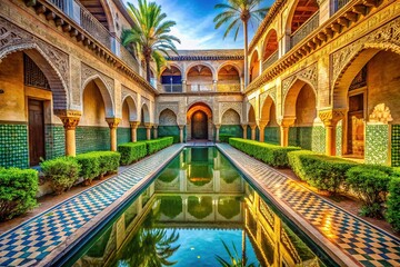 Fototapeta premium Sunlit Courtyard Pool, Ornate Tiles, Lush Greenery, High Depth of Field Stock Photo
