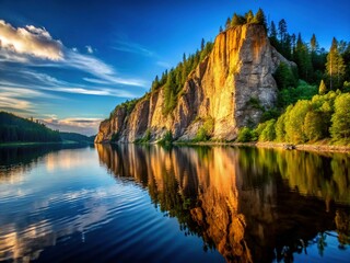 Symmetrical Silhouette Reflection: Rocky Kama River Bank, Perm Region