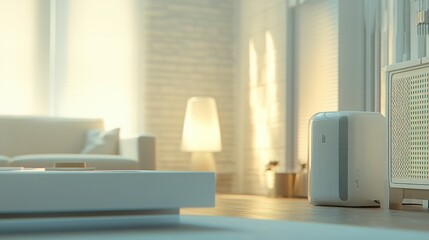 Cozy and Bright Living Room with Modern Design Featuring Air Purifier and Minimalist Furniture in Soft Natural Light