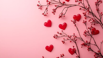 Pink background with red hearts and branches.